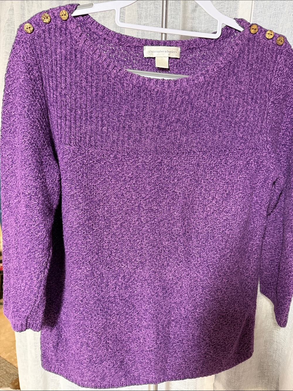 Christopher & Banks Purple Button-Shoulder Crewneck Sweater. 0086